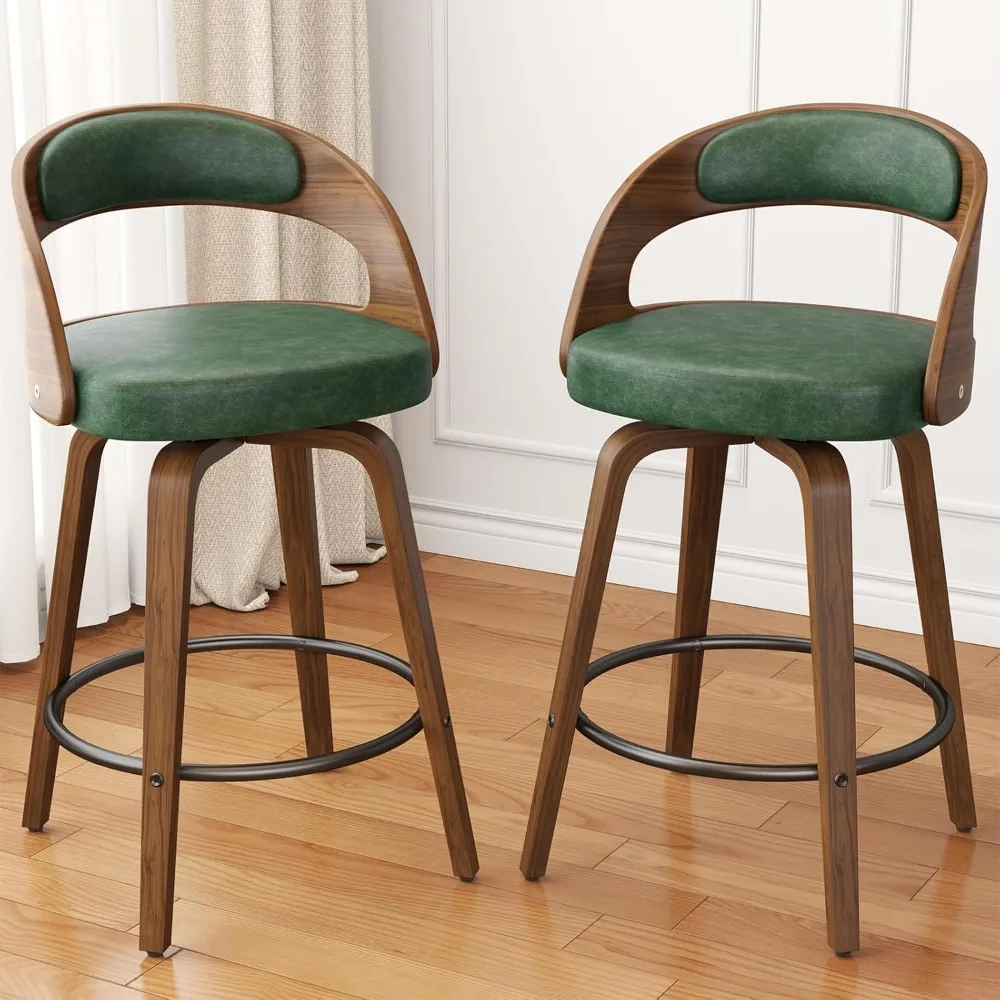 Drehbare Barhocker, 2er-Set, 66 cm, Thekenhöhe, Bugholz-Barhocker, Mid-Century Modern PU-Leder gepolsterter Barstuhl mit Rückenlehne