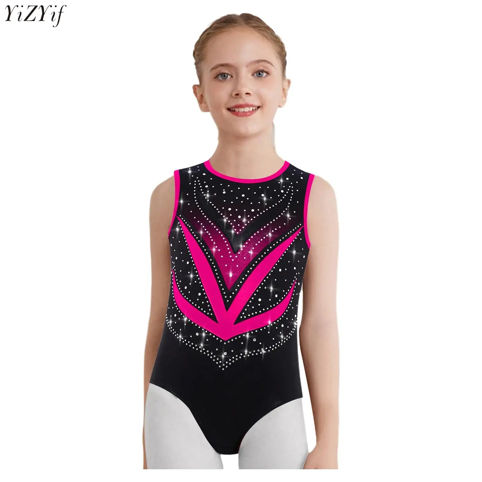 

Kids Girls Metallic Gymnastics Leotard Sleeveless Crisscross Cutout Mesh Patchwork Rhinestones Bodysuit Ballerina Dancewear New