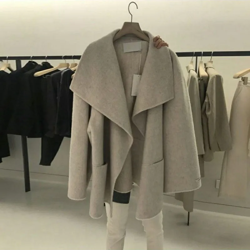 Woolen Coat New Women's Autumn Winter Top Korea Vintage Loose Thick Warm Wool Overcoat Office Lady Cardigan Lapel Casual Jacket