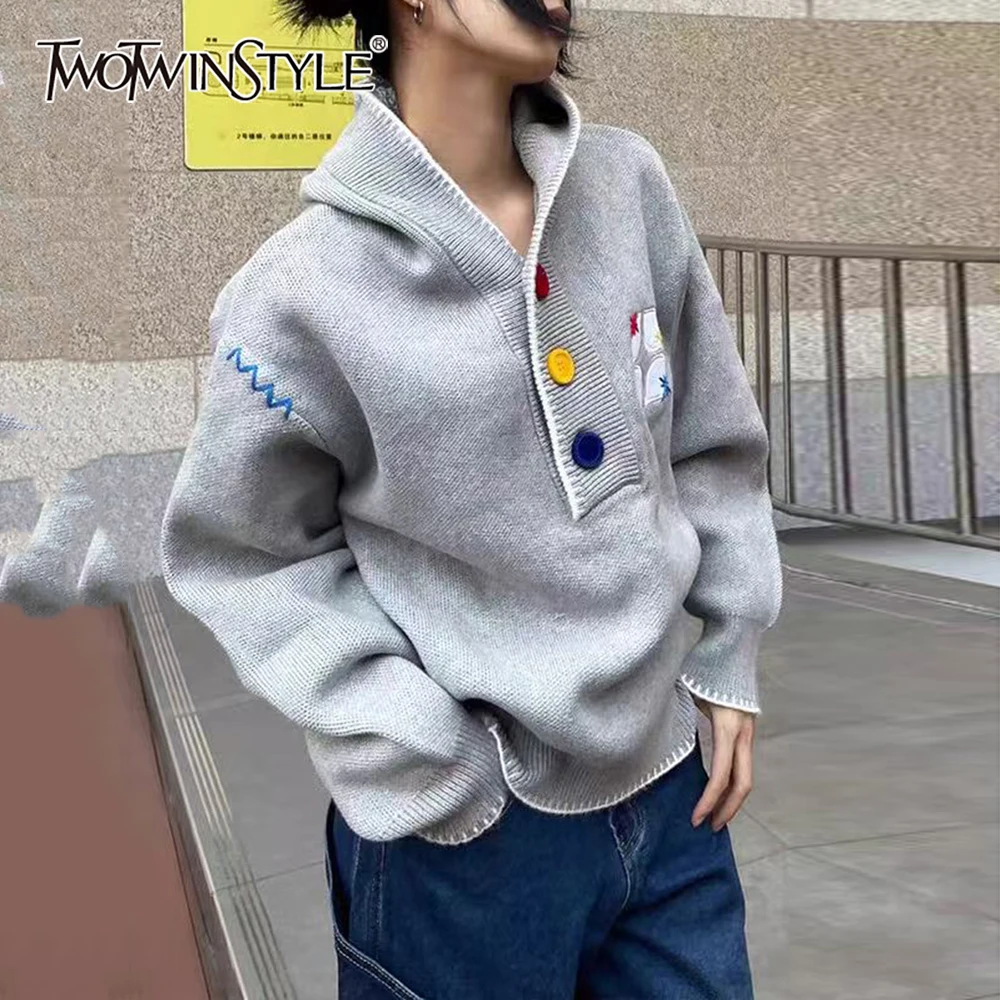 

TWOTWINSTYLE Gray Spliced Embroidery Chic Jacket Female V Neck Long Sleeve Loose Hooded Casual Women's Jackets Autumn Fashion