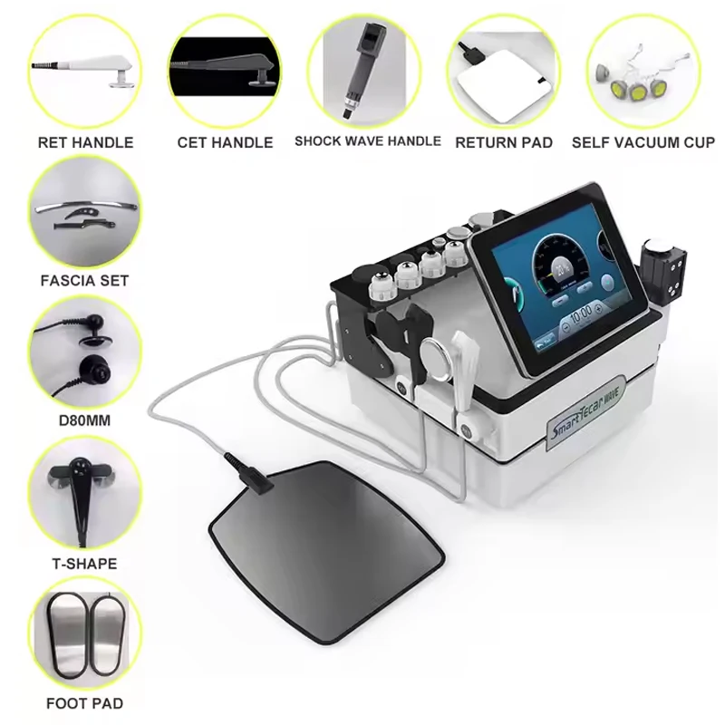 

3 в 1 Tecar + Ems + ударно-волновой физиотерапевтический аппарат, физиотерапия, диатермия, антивозрастной, для похудения, облегчение боли