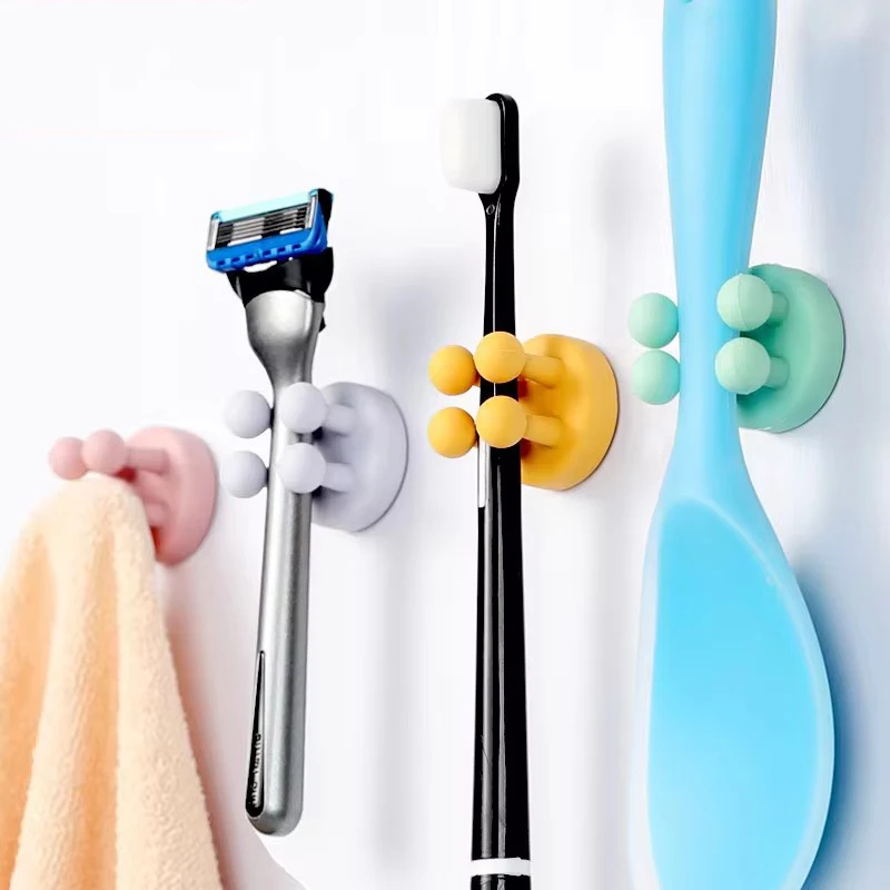 2pcs Silicone Toothbrush Holder Shaver Rack Hook Waterproof Self Adhesive Wall Single Hook for Hanging Key Utility Plug Holder