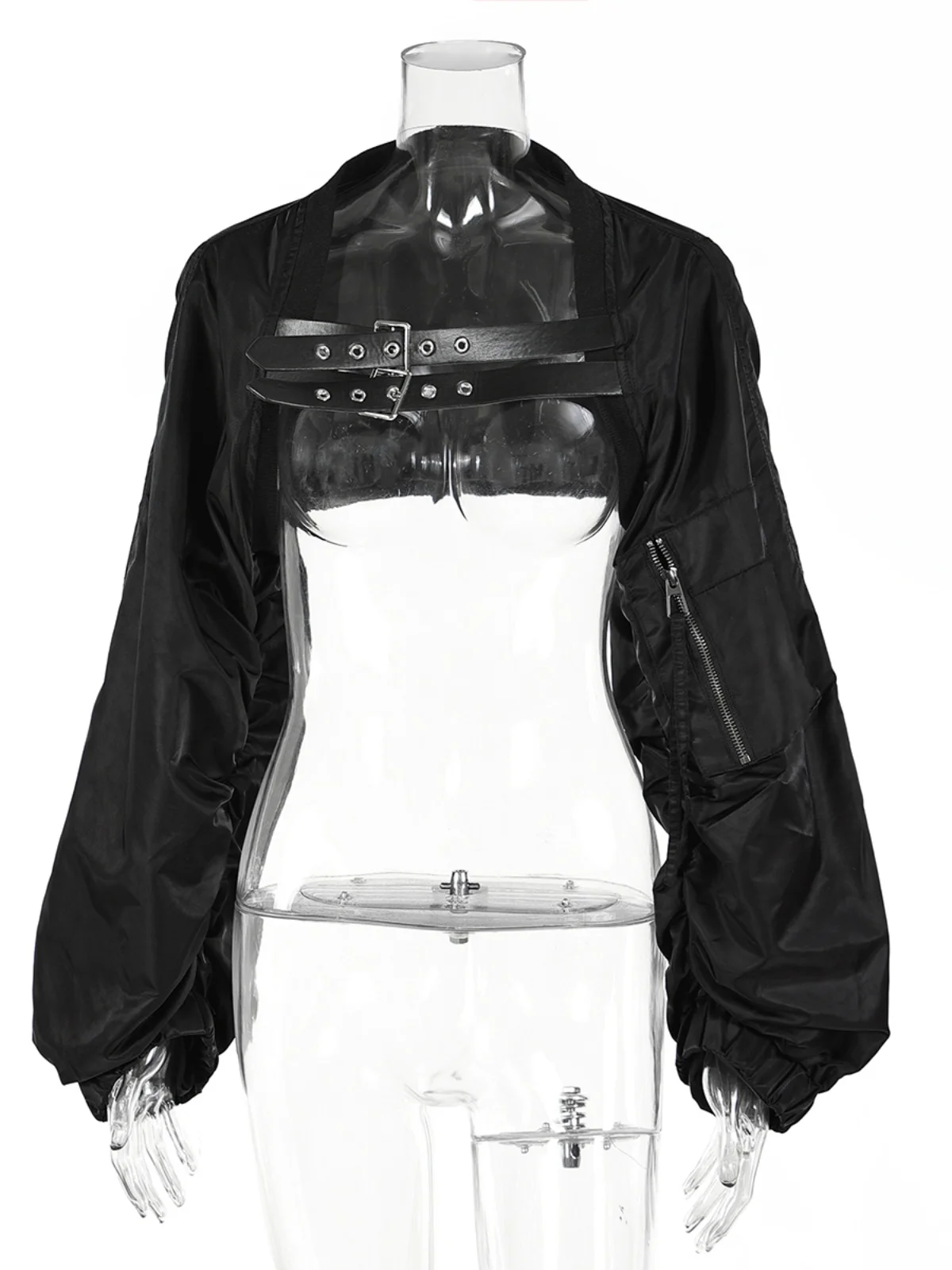 American Style Biker Short Jacket Women's Belted Western Shoulder Top Pure Color Loose Fit Commute Style Long Sleeve Ultra Short