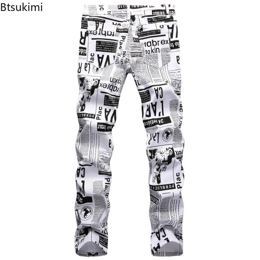 2024 Street Style Men’s Slim Stretch Jeans Trend Newspaper Full Print Personalized Stylish Sexy Denim Pants Men Casual Trousers