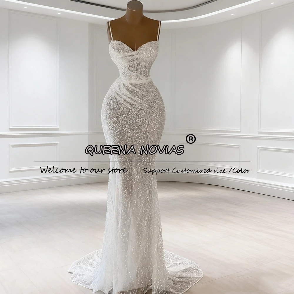 

See Through Mermaid Wedding Dresses Spaghetti Straps Bridal Gowns Sequined Beading Illusion Sweep Train Bride Dress Customized
