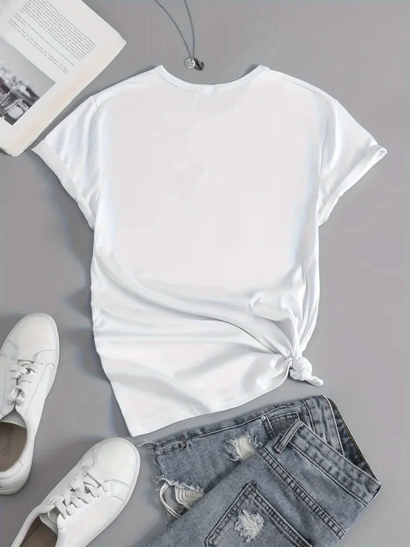 Damska koszulka z krótkim rękawem, luźna, bawełniana, z nadrukiem wzoru owoców i skrzydeł, w stylu vintage, z grafiką, idealna na co dzień.