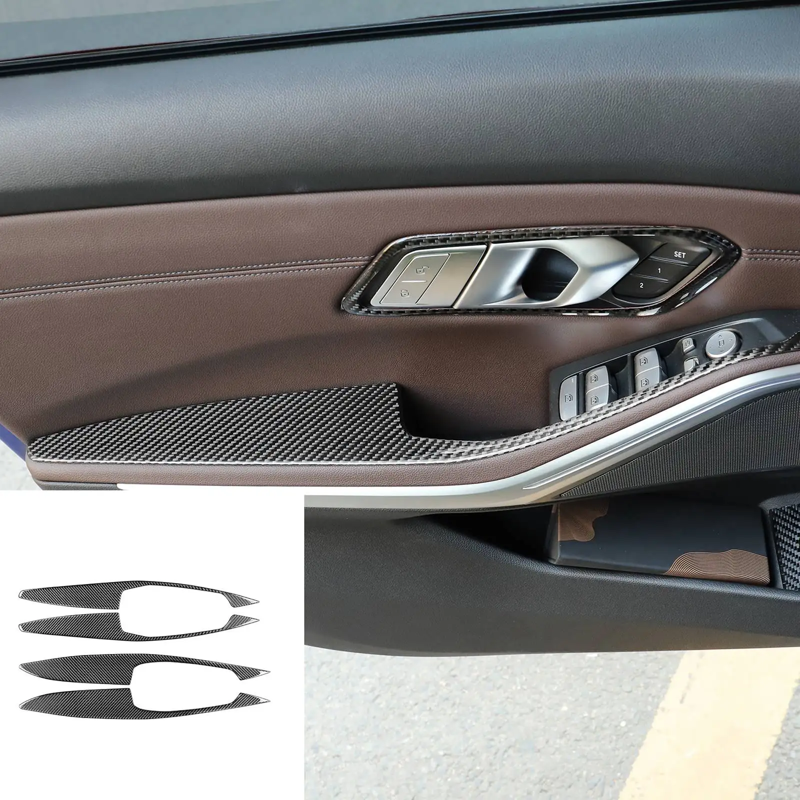 Carbon Fiber Car Interior Door Panel Grab Handle Covers Protective Trim For BMW 3 Series G20 G28 325li 330d 335 2019-2021