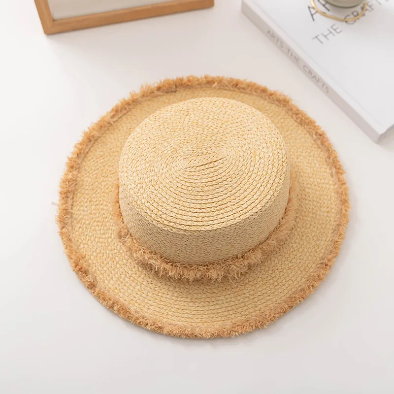 2024 French New Flat Top Straw Hat Beach Hat Holiday Tourism Outdoor Sunshade Hat Exquisite Luxury