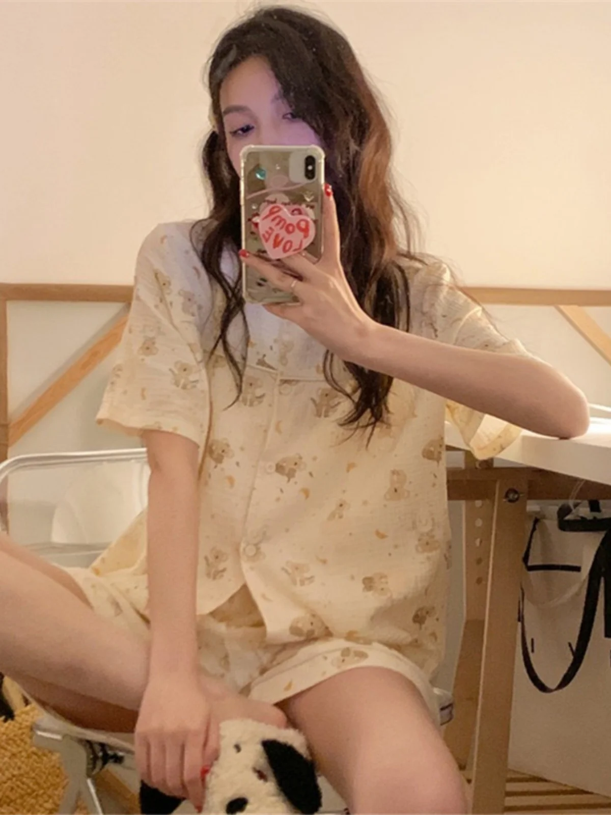 

Cute Short Sleeve Women's Sleepwear Set Sweet Simple Home Clothes Cardigan Summer Korean Style Cartoon Print Comfortable Cotton