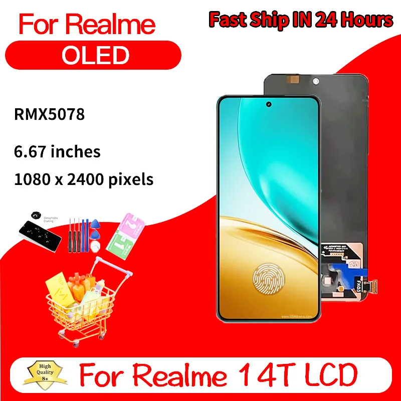 667インチoled-realme-14t用ディスプレイタッチスクリーンデジタイザーパネルアセンブリ、realme-14-t-lcd-rmx5078用スクリーン交換