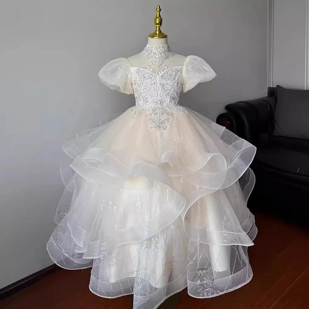 luxury Girls Princess sequin Children Beading tutu Wedding Gown Short sleeve Kids Dresses baby infant Birthday Party Dress