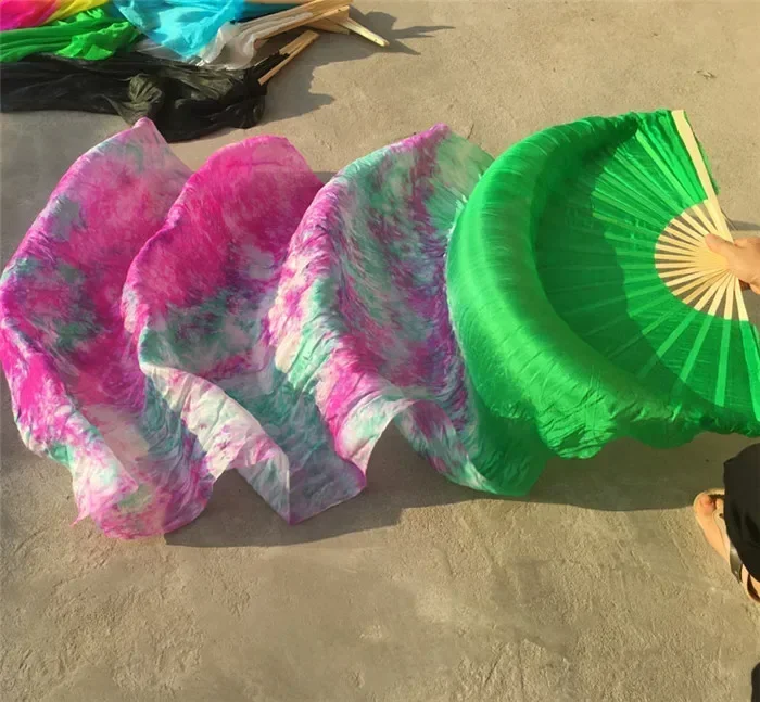 1 Pair(L+R) Belly Dance Silk Fan Veil Worship Art Silk Bamboo Dance Long Fans Tie Dyed Flower 47"/59"/71"/83"