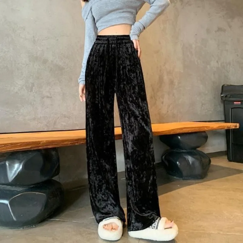 Trendy Wide Leg Pants Women Clothing Autumn Winter Gold Diamond Velvet Fabric Harajuku Straight Trouser Elastic High Waist Pants