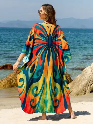 Imagen 2 del producto Caftán para mujer, caftán de playa de verano, vestidos con estampado Tie Dye, cubierta tejida a mano para traje de baño, gran oferta