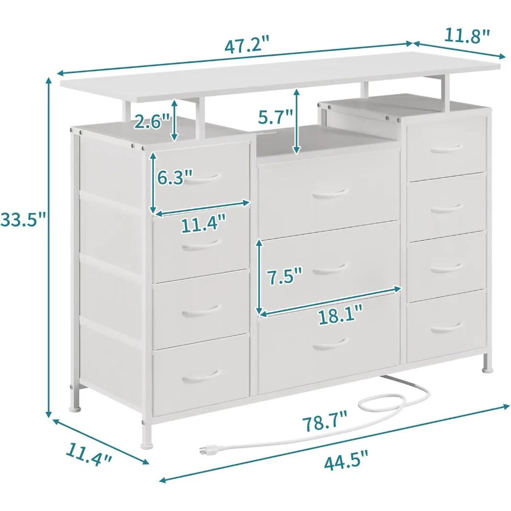 LUMTOK 11-Drawer Fabric-Lined Dresser with Charging Station, LED Lighting, and Shelving for Bedroom Storage