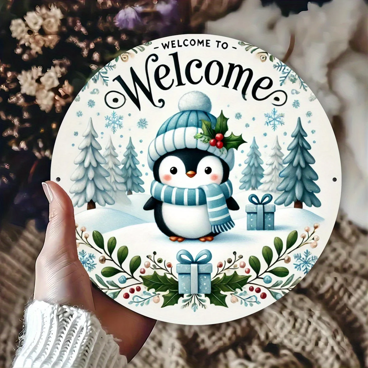 Charming 20.32x20.32cm Round Metal Wall Sign with Cute Penguin in Winter Attire - Festive Holiday Decor for Home, Bar, Cafe, Kit