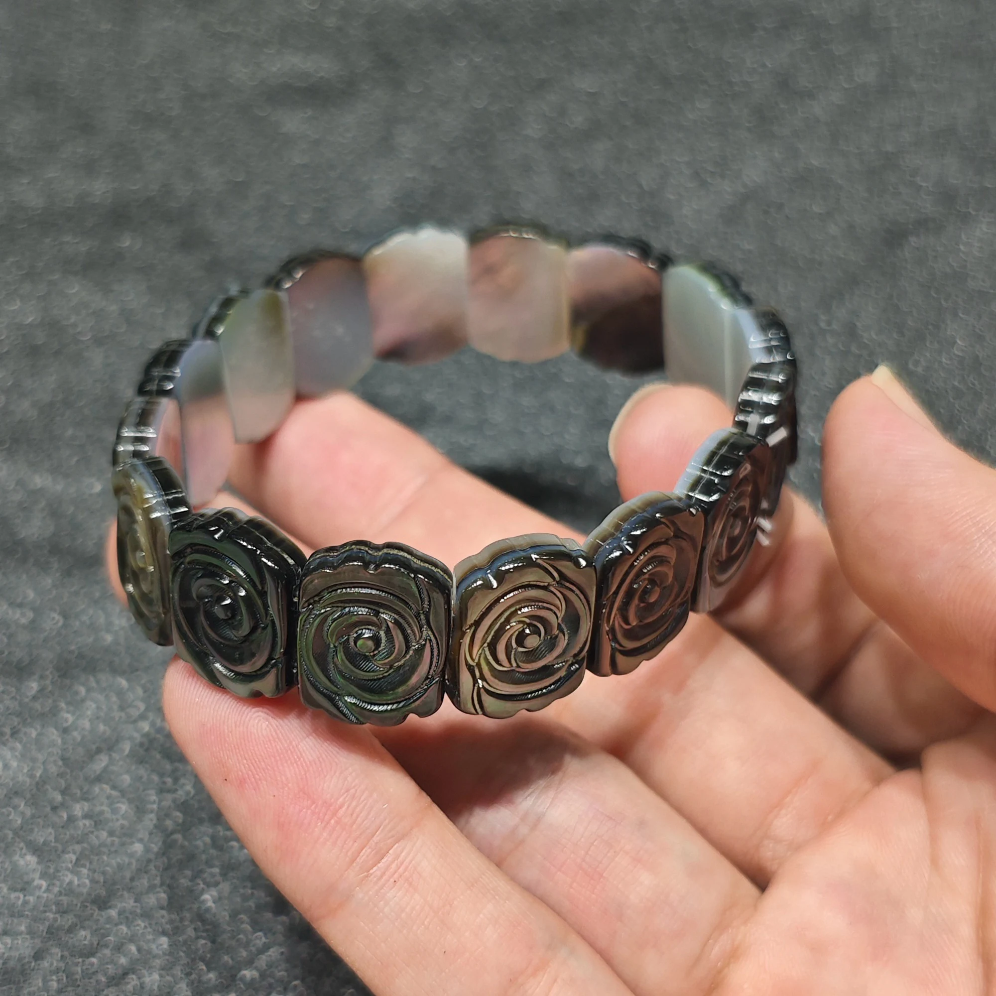 Natural Black Mother of Pearl Bar Bracelet Rose Carved Slab Cuff Shell Iridescent Jewelry Present Supply 1 Piece