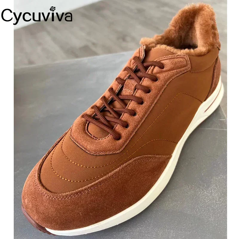 Hot Sale Winter Wool Flat Platform Men\'s Sneakers Suede Leather Tennis Shoes Warm Thick Sole Casual Fur Daddy Shoes Male