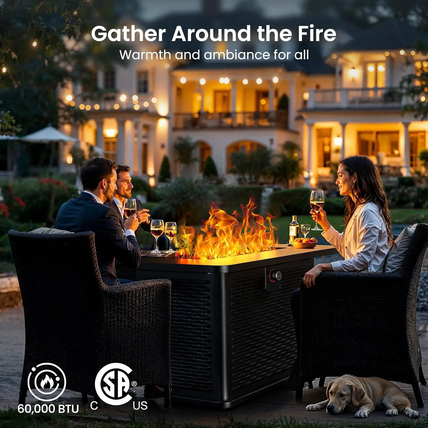 43-Inch Rectangular Propane Fire Pit with 60,000 BTU Output, Gas with Cover & Rocks, Table CSA-Certified 2 in 1Table