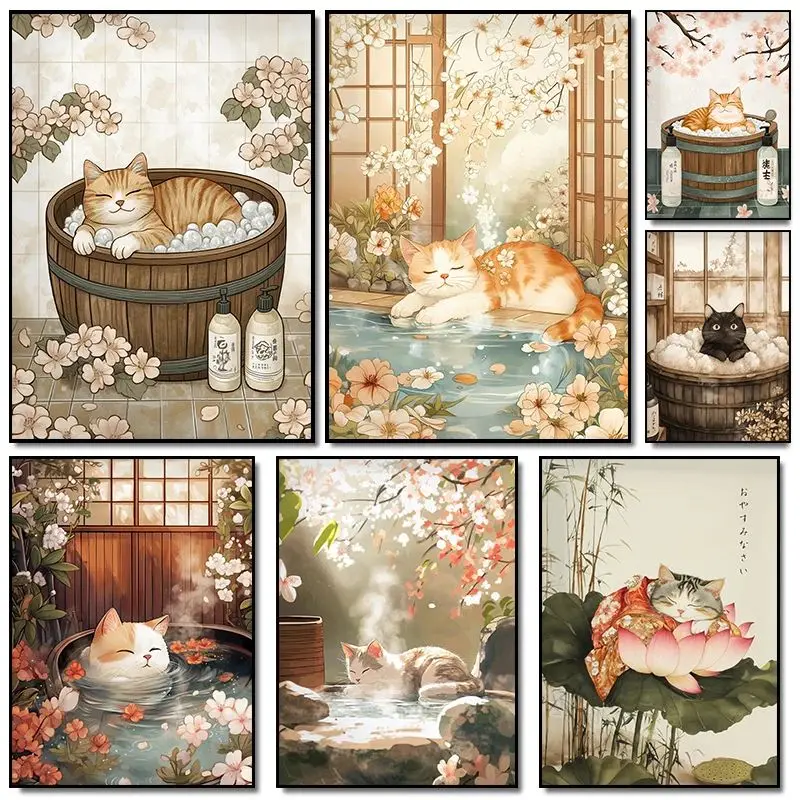 Japanese Cherry Blossom Cat Hot Spring Bath Retro Posters Prints Canvas Painting Wall Art Picture Living Room Home Decor