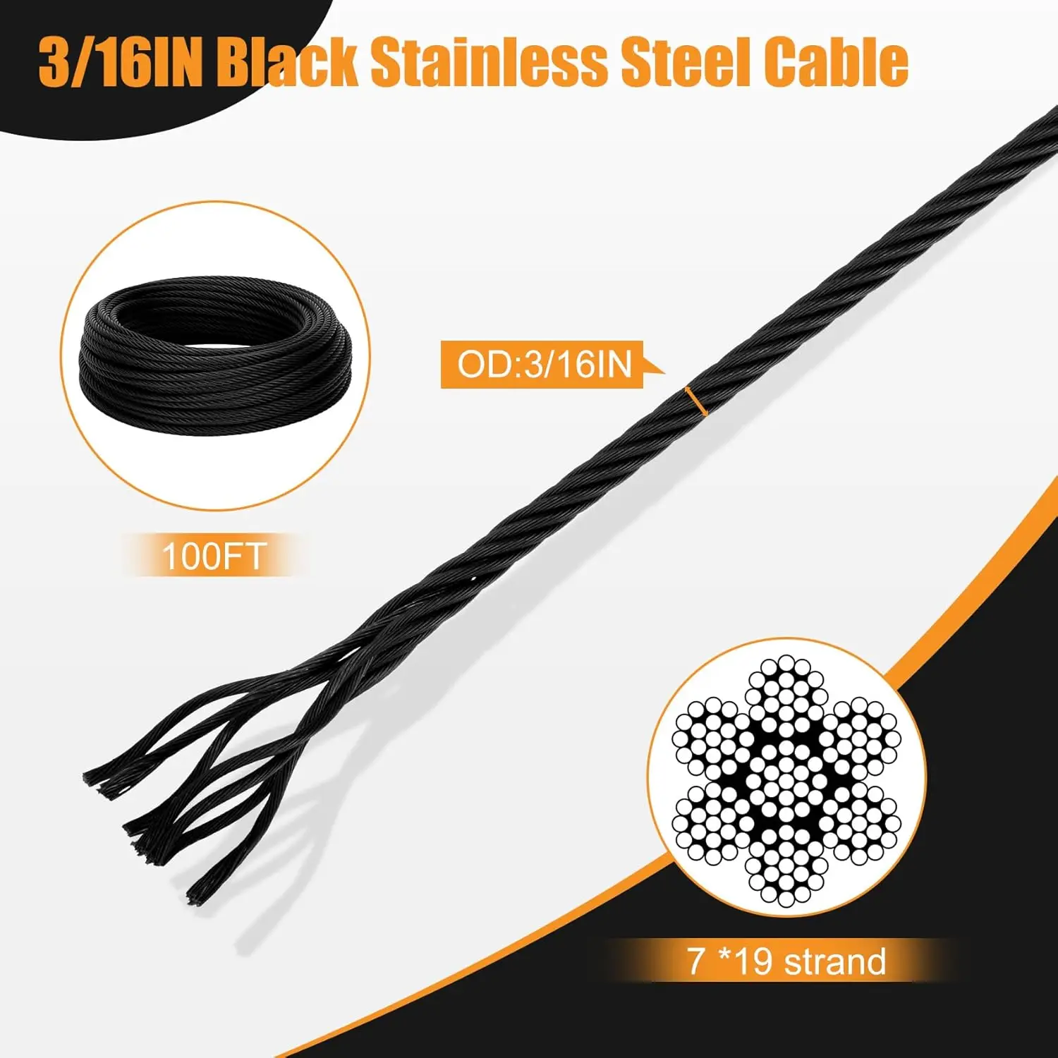 T316 Black 3/16IN Stainless Steel Cable, 100ft Wire Rope, 7X19 Strands Aircraft Cable, 3700lbs Breaking Strength