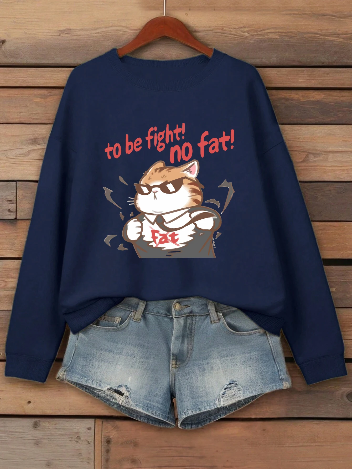 Cool Fight-Sudadera con estampado de gato gordo para mujer, jersey de otoño con cuello redondo, ropa de lana para correr, ropa deportiva informal holgada Unisex