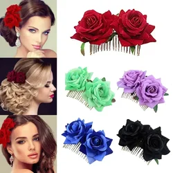 1PC Romantic Fancy Double Silk Artificial Rose Flower Hair Comb Purple Red Hair Clip Wedding Bridal Lady Prom Headpiece Headwear