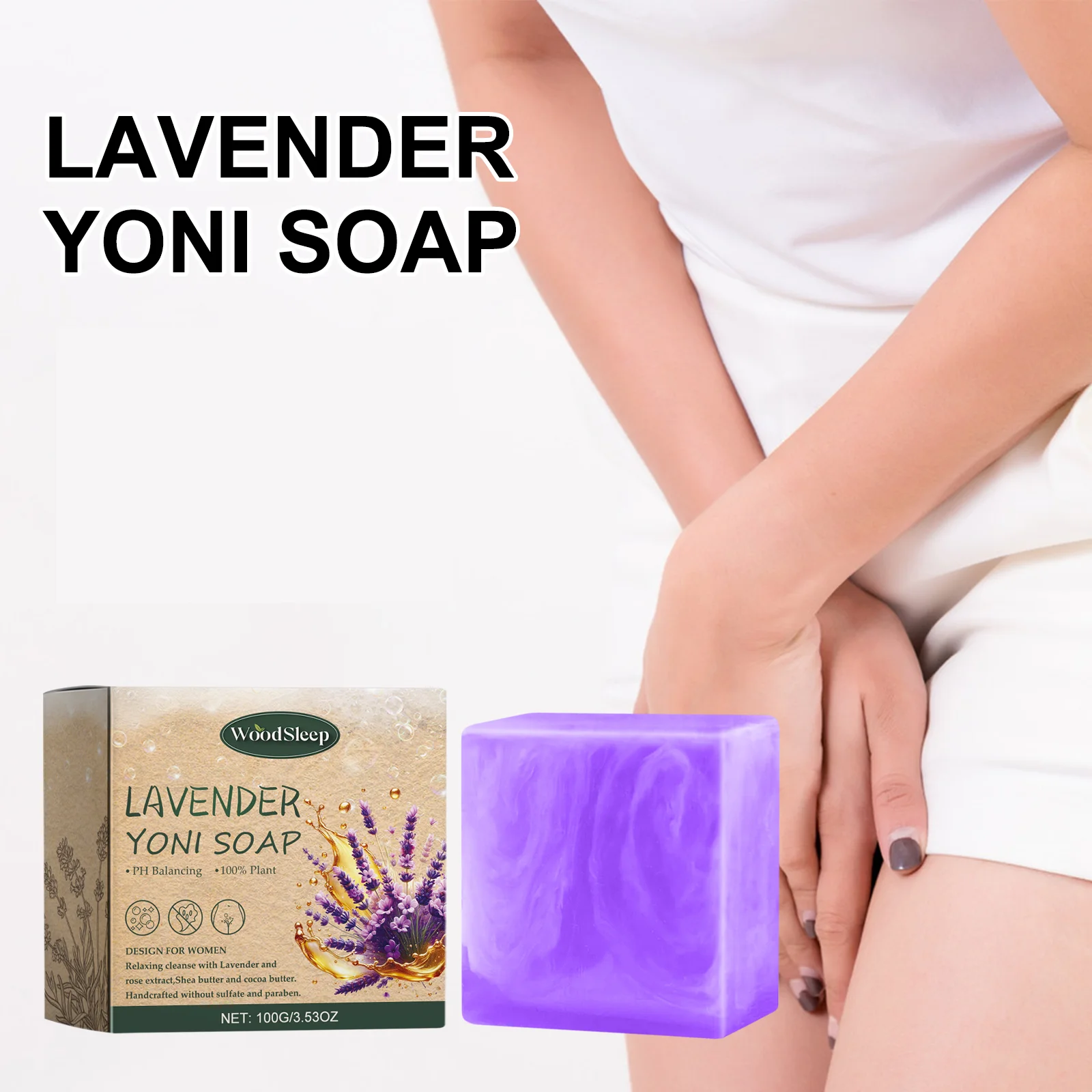 WoodSleep Jabón en barra Yoni hecho a mano para mujer Lavado vaginal, Jabón para vagina Equilibrio de pH - Jabón de lavanda para el cuidado vaginal 100 g