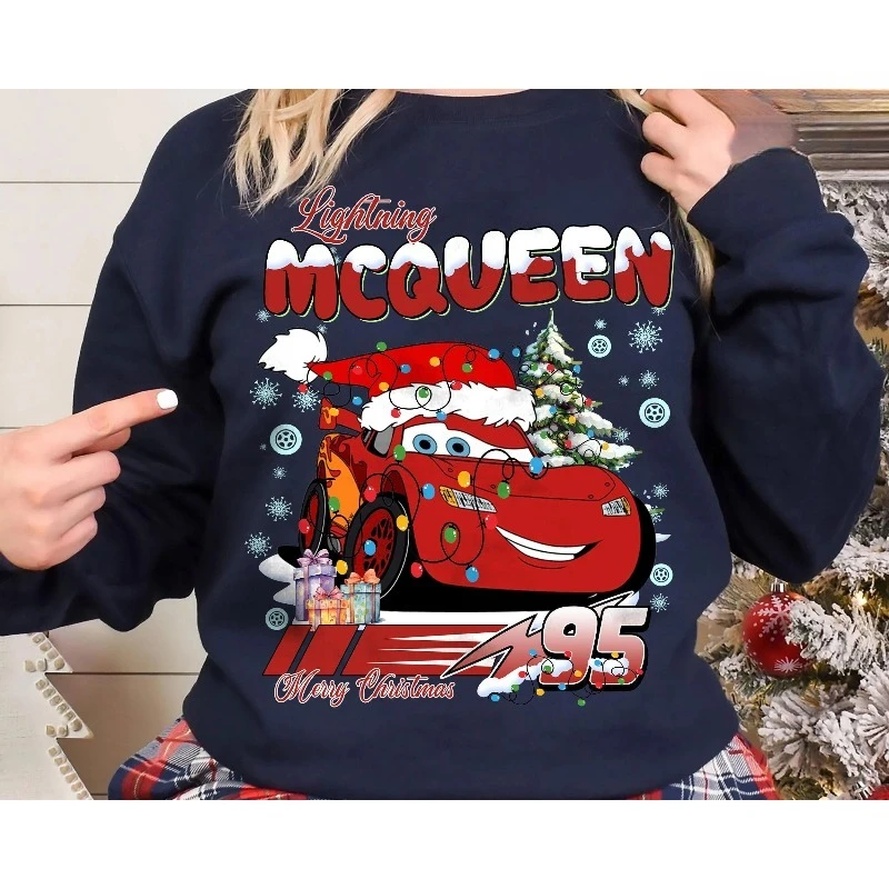 سويت شيرت Lightning McQueen Christmas Retro Cartoon Car لعيد الميلاد الخفيف، بلوفر مريح برقبة دائرية لخريف وشتاء