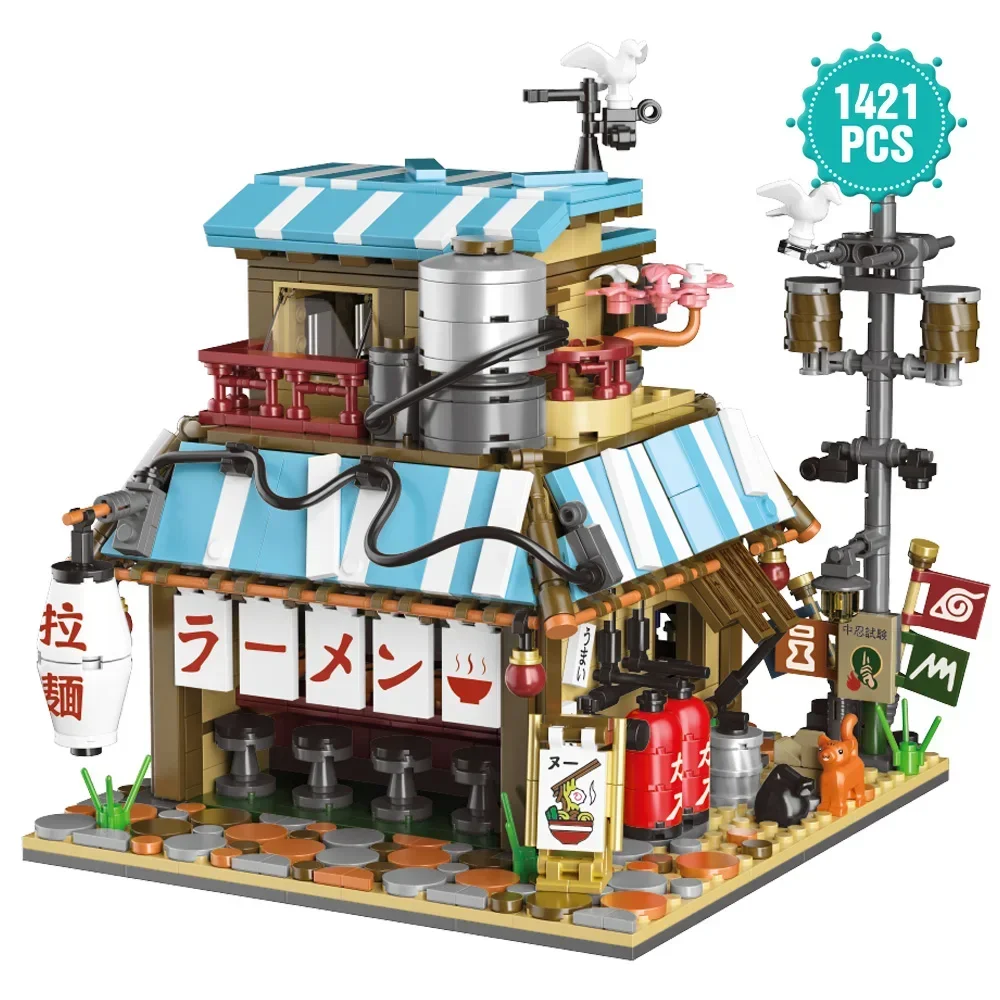 Ideas técnicas restaurante japonés vista a la calle bloques de construcción experto Ramen casa conjunto ladrillos DIY juguete para niños regalos de vacaciones