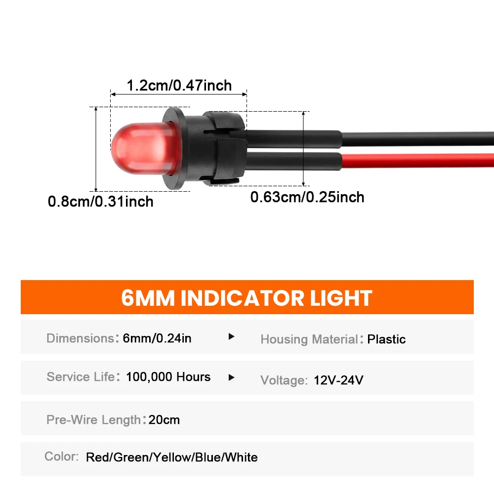 FILN 6mm 5PCS LED Indicator Small Lamp IP67 Waterproof Equipment Warning Light 12v-24v DIY Car Marine Industrial Control Panel