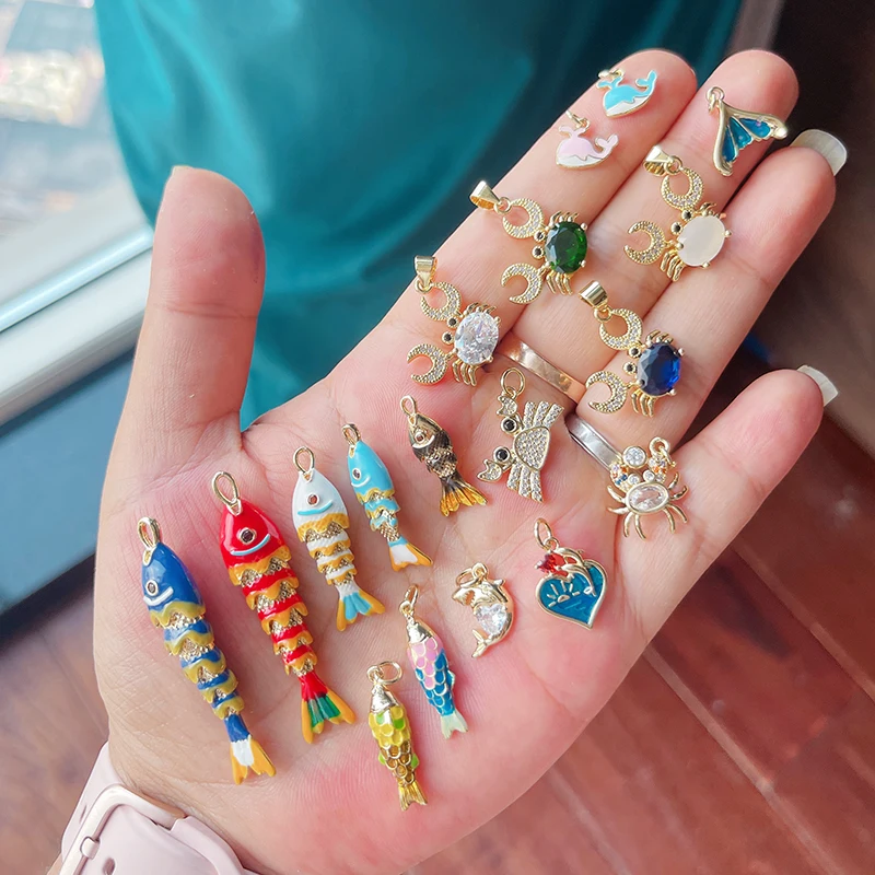Enamel Fish Whale Shark Tale Crab Marine Sea Dalphin Charm Pendant,18K Real Gold Plated Zircon Jewelry Finding Supplies S75