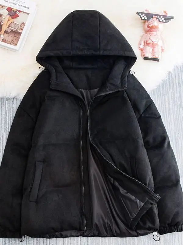 

Thiened Hooded Cotton Jaet Zipper Design Warm Bla Casual Sle for Couples Youthful ular Stand Fit Long Sve Coat