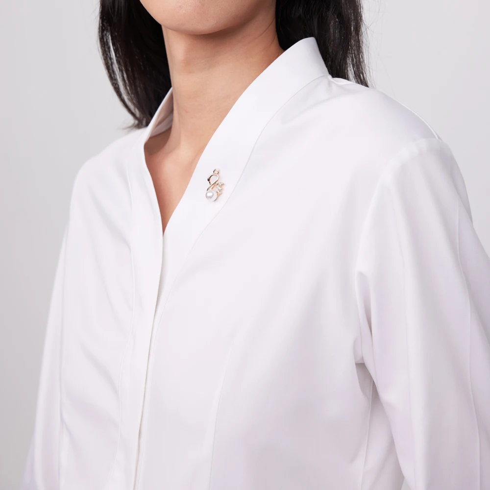 Ladies Office Detachable Brooch V-Neck Dress Shirts Without Pocket Hidden Buttons Placket Long Sleeve Slim-fit Female Shirt