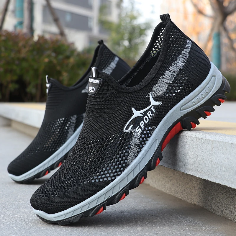 Men Slip On Outdoor Trekking Sneakers, Breathable Mesh, Light Non-Slip PVC Sole, Spring Summer Autumn Walking Hiking Shoes