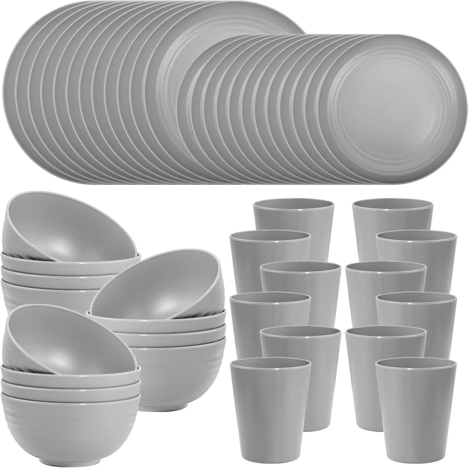 

LIYH 48 Pcs Grey Plastic Wheat Straw Dinnerware Set - Plates and Bowls Sets, Camping Dish Set for 12, Unbreakable Dishwa
