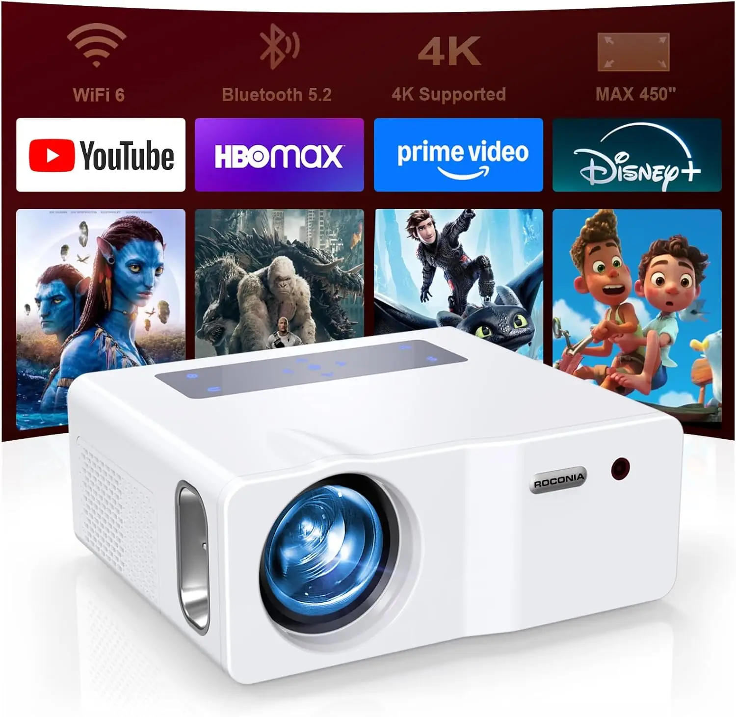 

1080P 5G WiFi Bluetooth Projector, Full HD Portable Outdoor Movie, 4K Supported, 450" Display for Home Theater