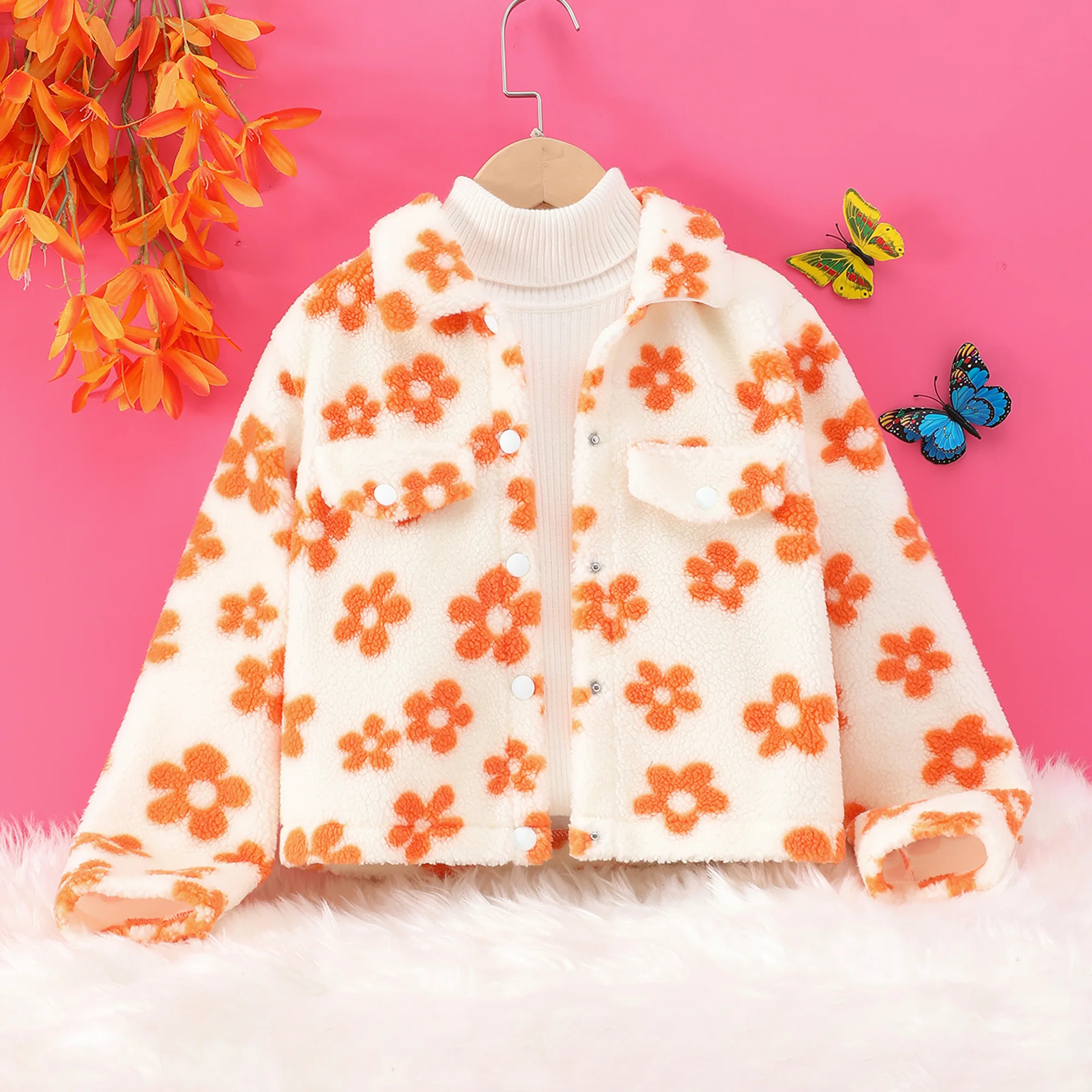 

2023 Winter Big Girls Long Sleeve Flower Plush Coat Fashion Soft and Comfortable Cotton Winter Children's Top 8 9 10 11 12 Years