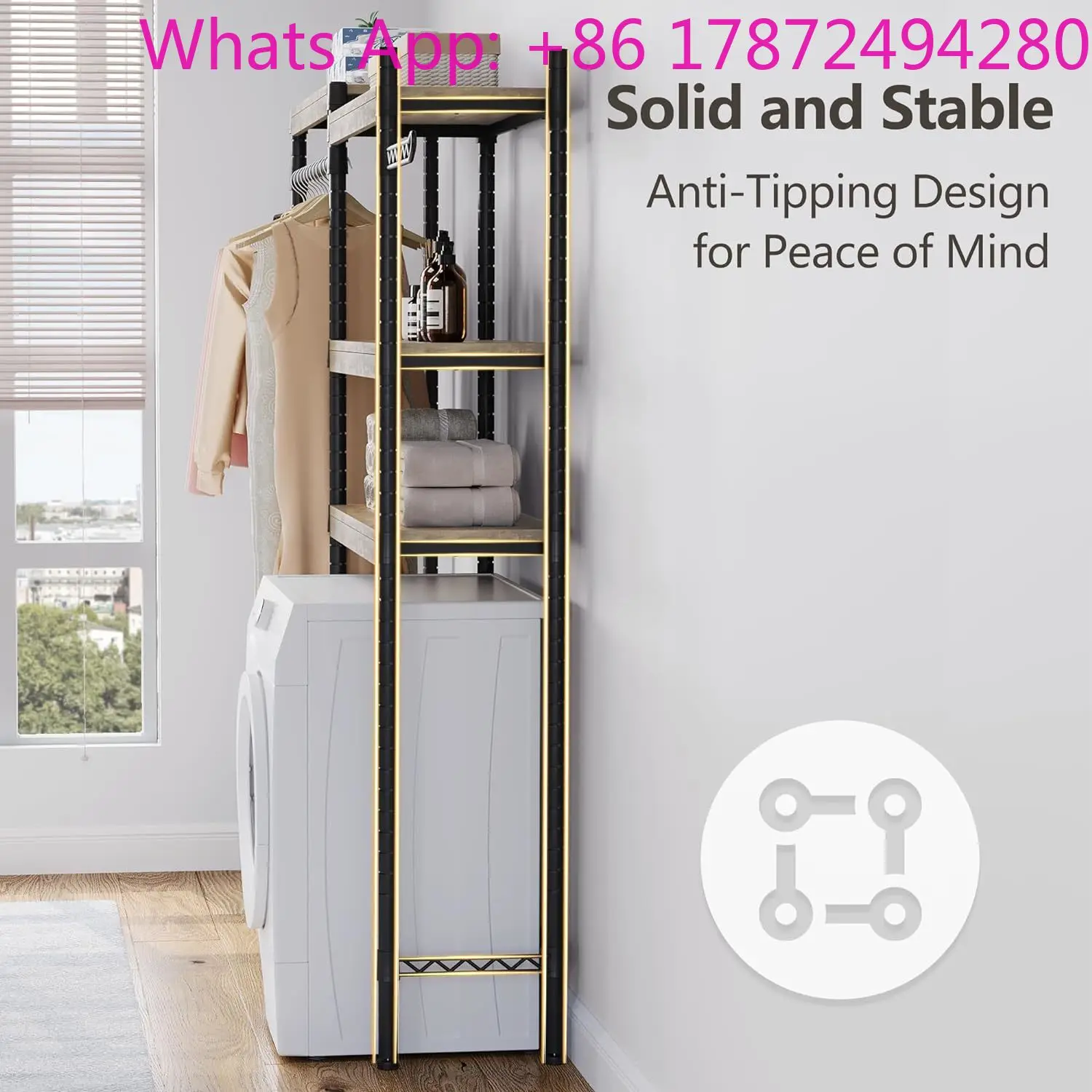 5-tier wood storage shelf for washer/dryer, space-saving laundry room organization with drying racks