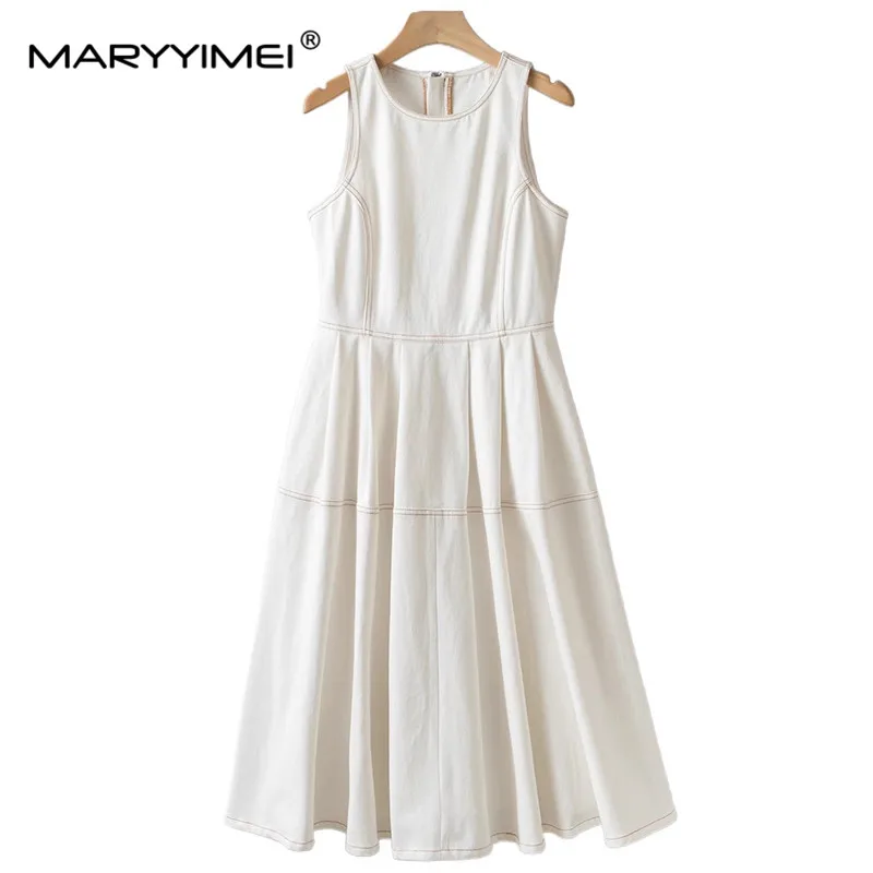 MARYYIMEI-Robe en pur coton denim blanc pour femme, tenue élégante de styliste, collection été