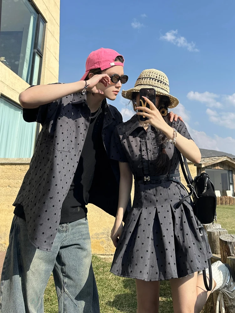 Korean Style Couple Matching Summer Short Sleeve Polka Dot Shirt A-Line  Dress Slimming Effect  Two Ways Wear