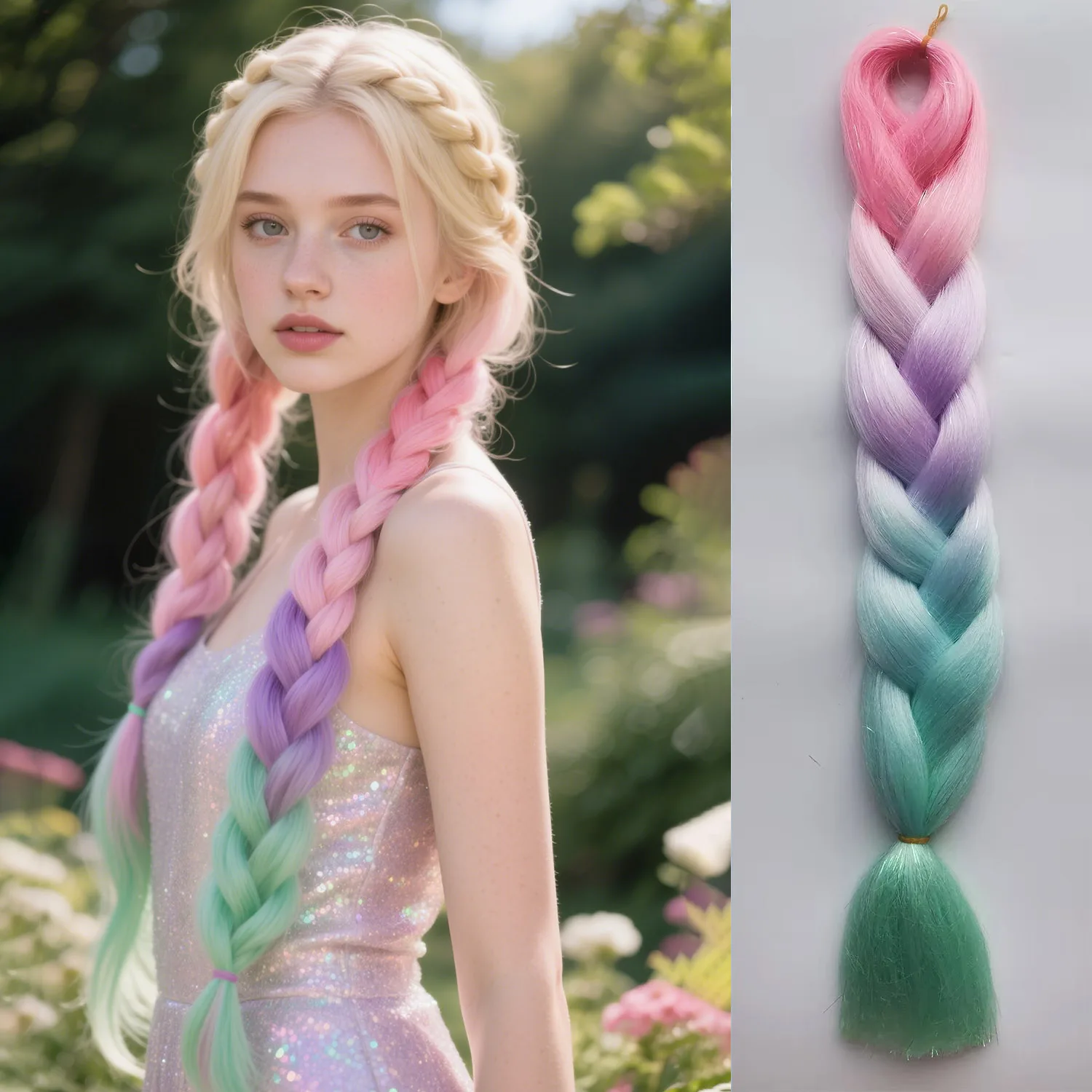 Tinsel Braiding Hair 4 Tones Ombre Color Pink Light Purple Green Synthetic Jumbo Braids Mixed tinsels For Festival Party