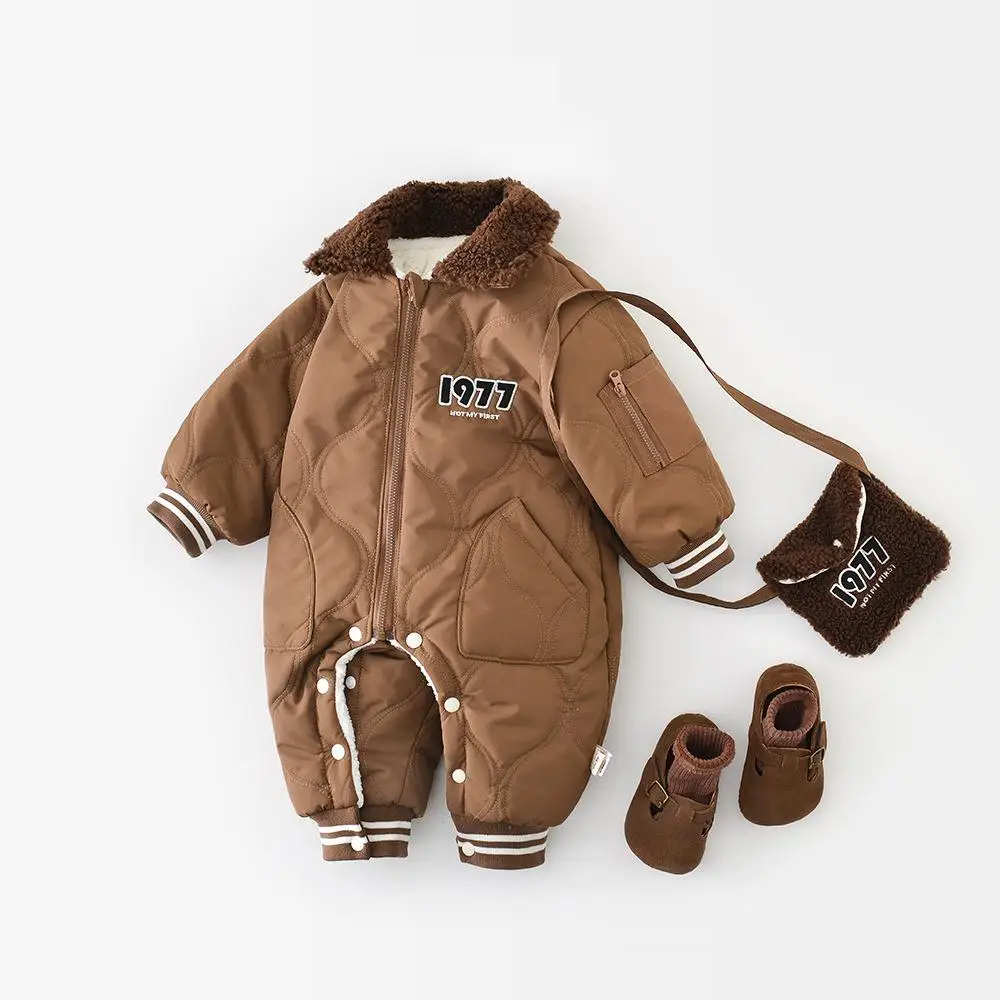 Infant Girl Warm Lapel Jumpsuit Plus Velvet Thick Toddler Clothes 0-24M 2025 Winter New Baby Long Sleeve Fleece Romper + Bag