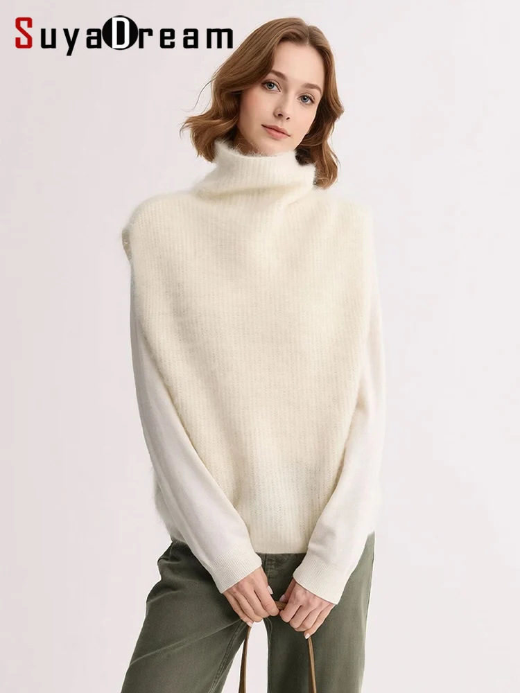SuyaDream, Women Wool Knitwear, Turtleneck Brushed Sweater Match Sleeveless Knit Vest, Fall New Arrival, Layered Wear Outfit