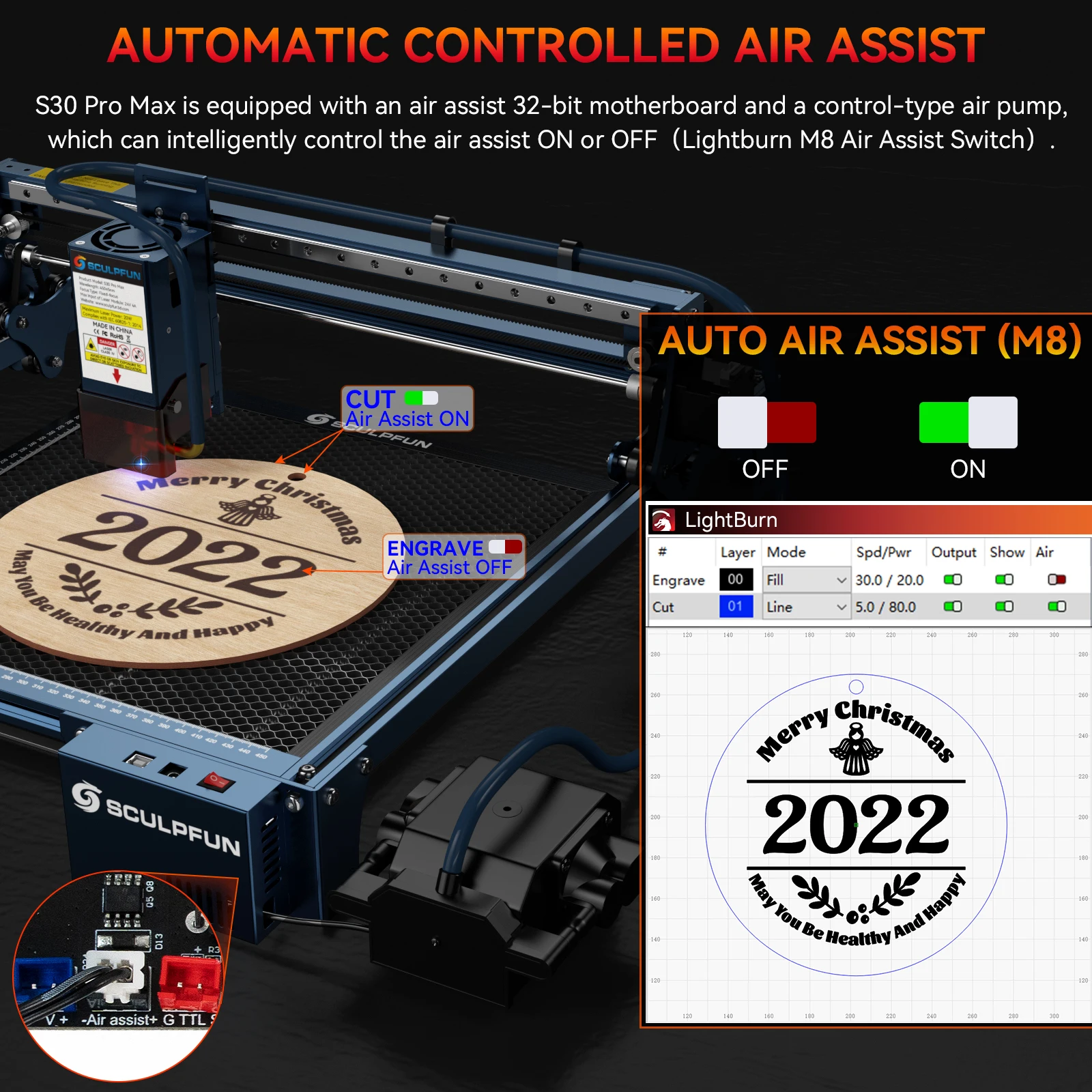 SCULPFUN 20W Engraving Machine Replaceable Lens Design With Automatic Air-assist Laser For Cutting Engraver S30 Pro Max