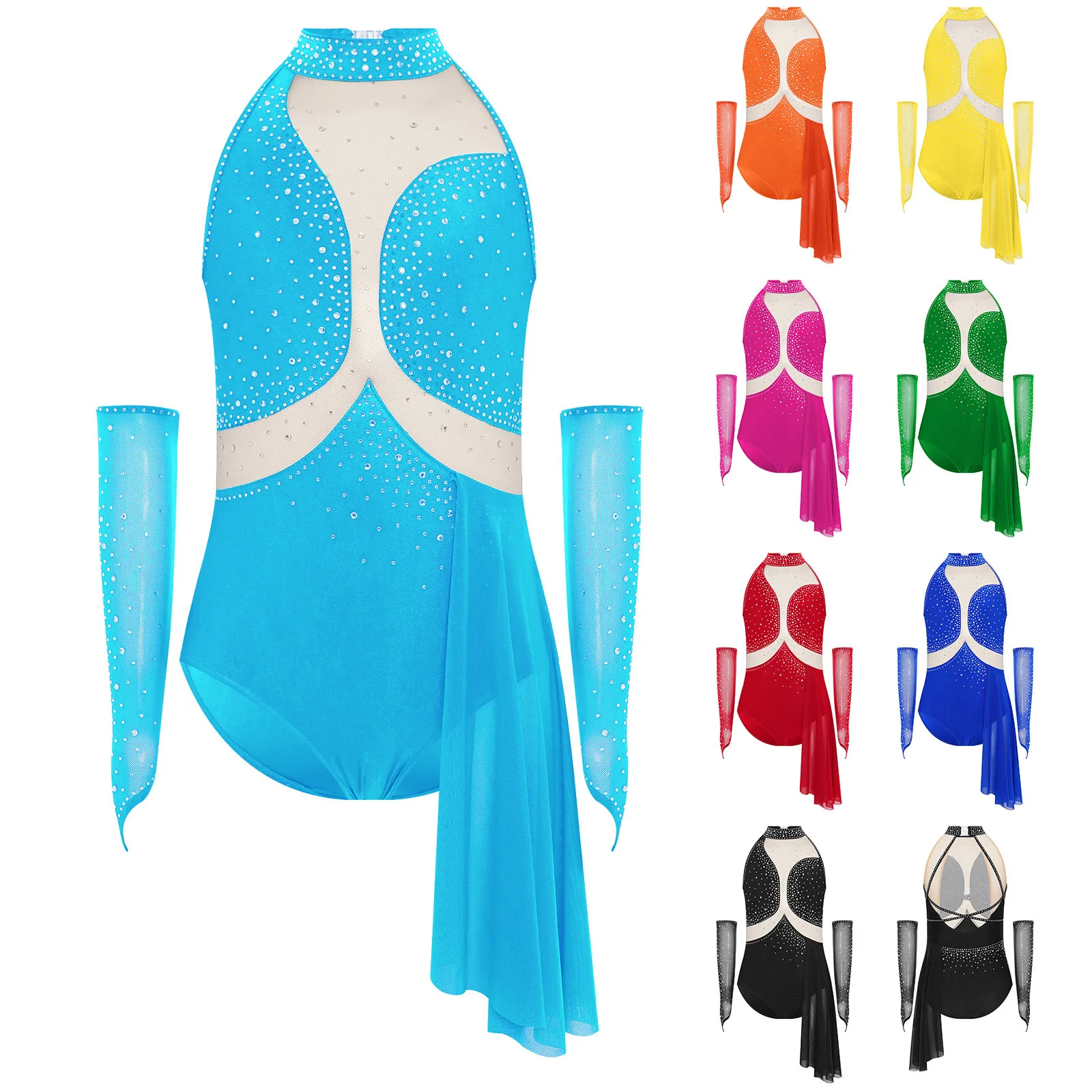 

Girls Lyrical Dance Set Ballet Figure Skating Costumes Cutout Back Rhinestone Sheer Mesh Asymmetrical Skirt Leotard with Gloves