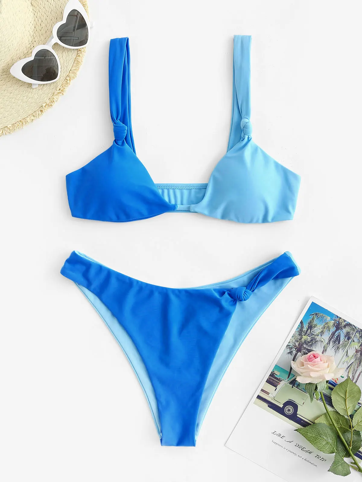 Zaful Neuer sexy Bikini 2024, fester Badeanzug, Damen-Bademode, verdrehter Knoten, zweifarbiger Bikini mit hohem Bein, hohes Bein, Farbblock-Bikinis