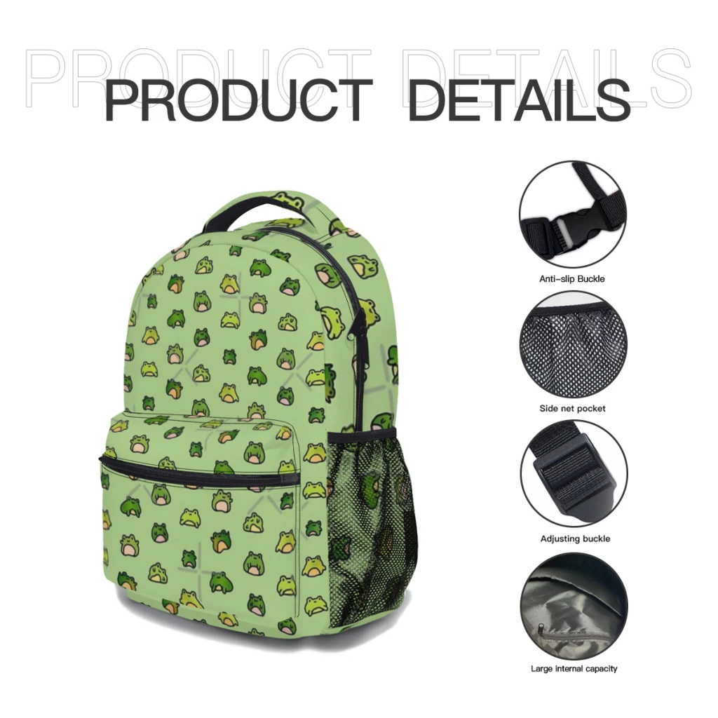 Frogs Doodle School Backpack para meninas, grande capacidade, desenhos animados, estudante, 17"