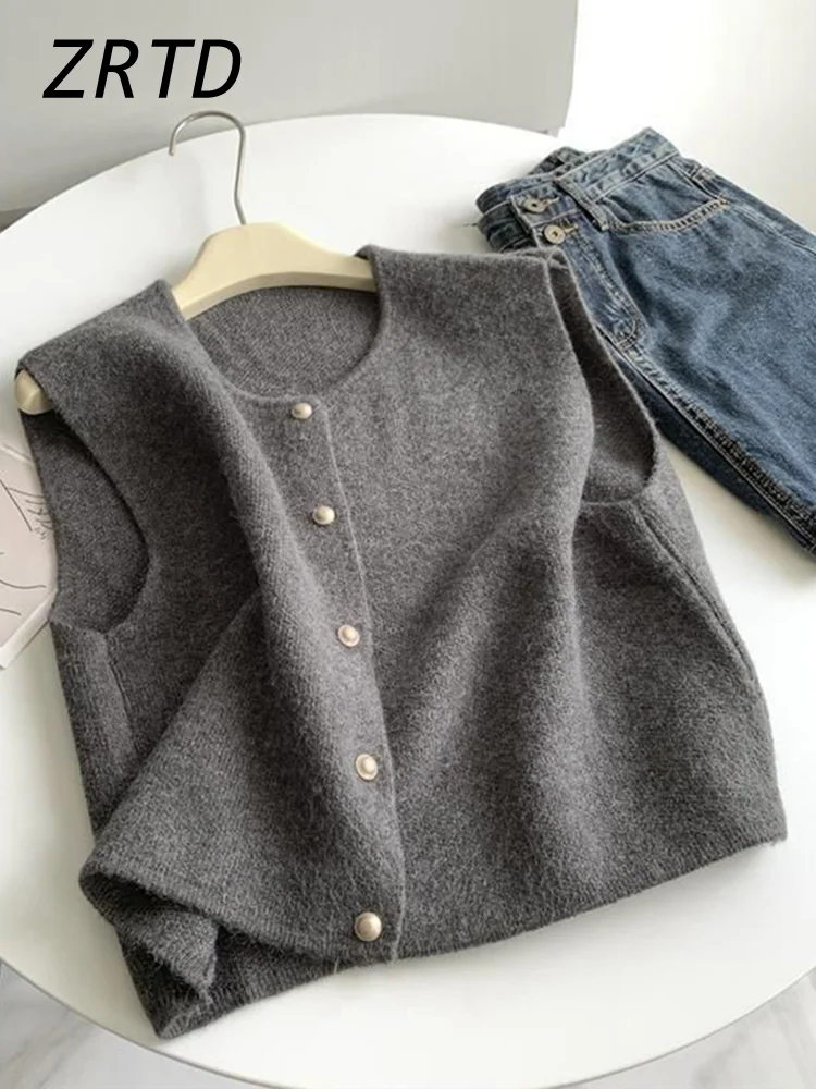 Elegant Women's Woolen Blends Vest Loose Knit O-neck Single Breasted Female Waistcoat 2024 Autumn Winter Lady Solid Cozy Tops