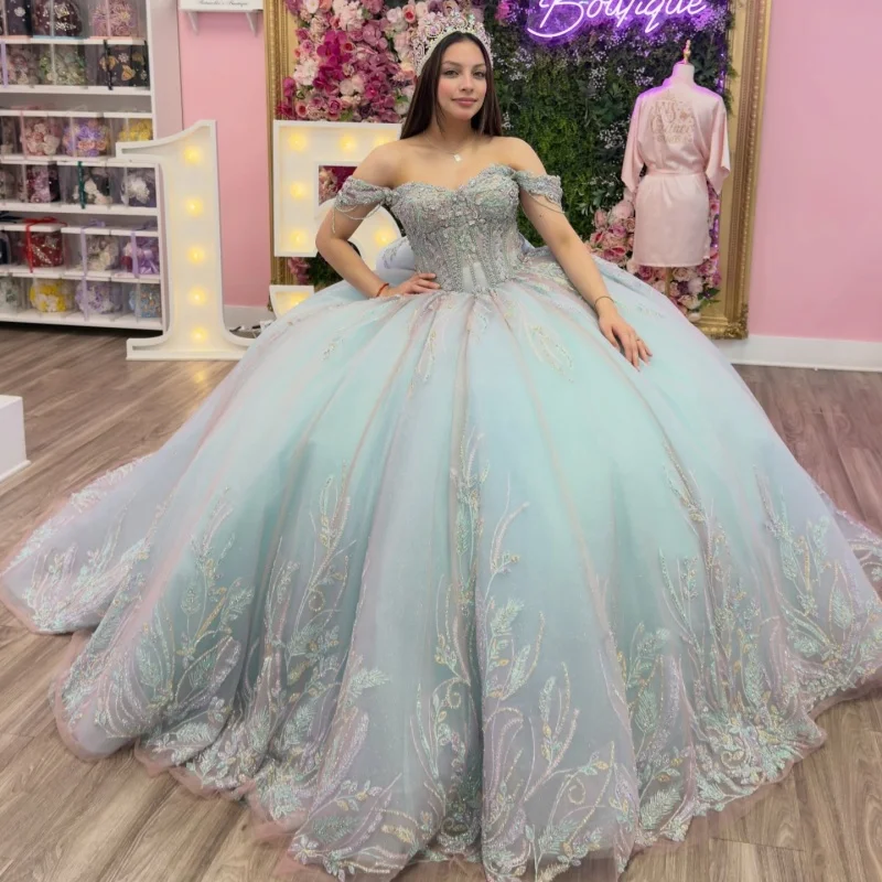 

Light Green Quinceanera Dresses Off the Shoulder Glitter Crystal Decal Long tail Big Bow Vestido De 15 Quinceanera Customize